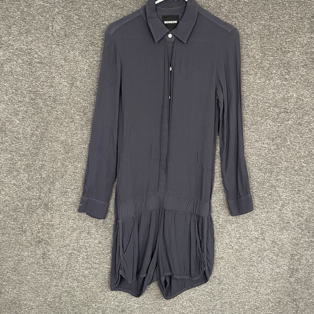 Monrow Romper Womens Size Xs Blue Button Up Long Sleeve Shorts